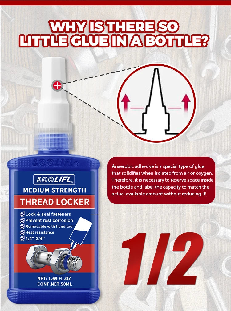 LOOLIFL, 243 Medium-Strength 10Ml-50Ml Threadlocker, Industrial Glue, Removable, Anti-Loosening, Anti-Slip, Waterproof, Rust-Proof, Oil-Resistant, Sealing Threadlocker, Removable, Stable