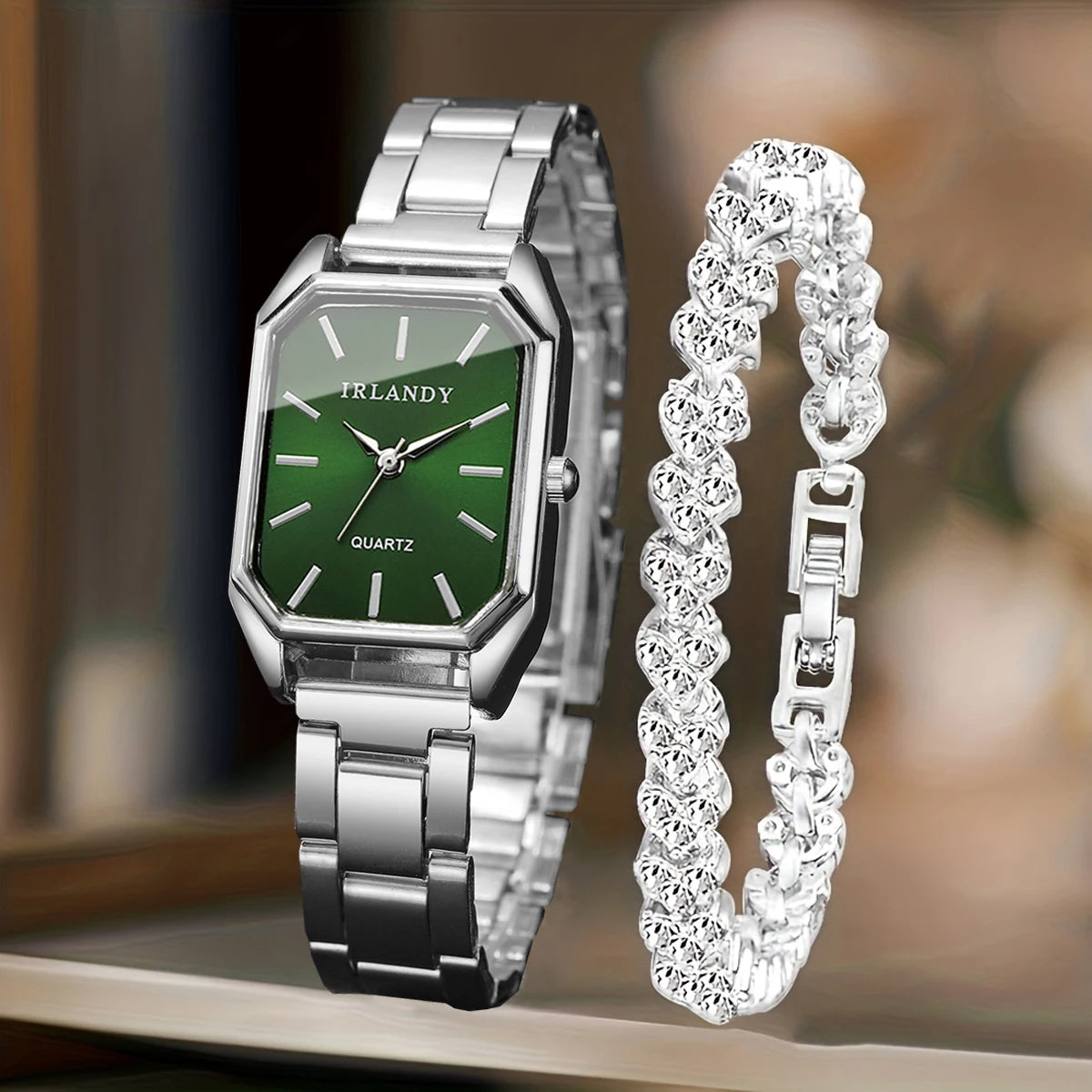 2PCS Fashion Rectangle Women Quartz Watch Rhinestone Bracelet Set Elegant Ladies Wristwatches Reloj Mujer Clock（Without Box）