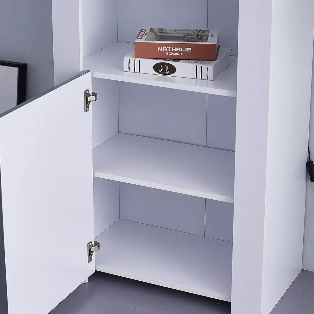 Modern Tall Display Cabinet with Glass Shelves, LED Lighting, for Living Room in Black and White