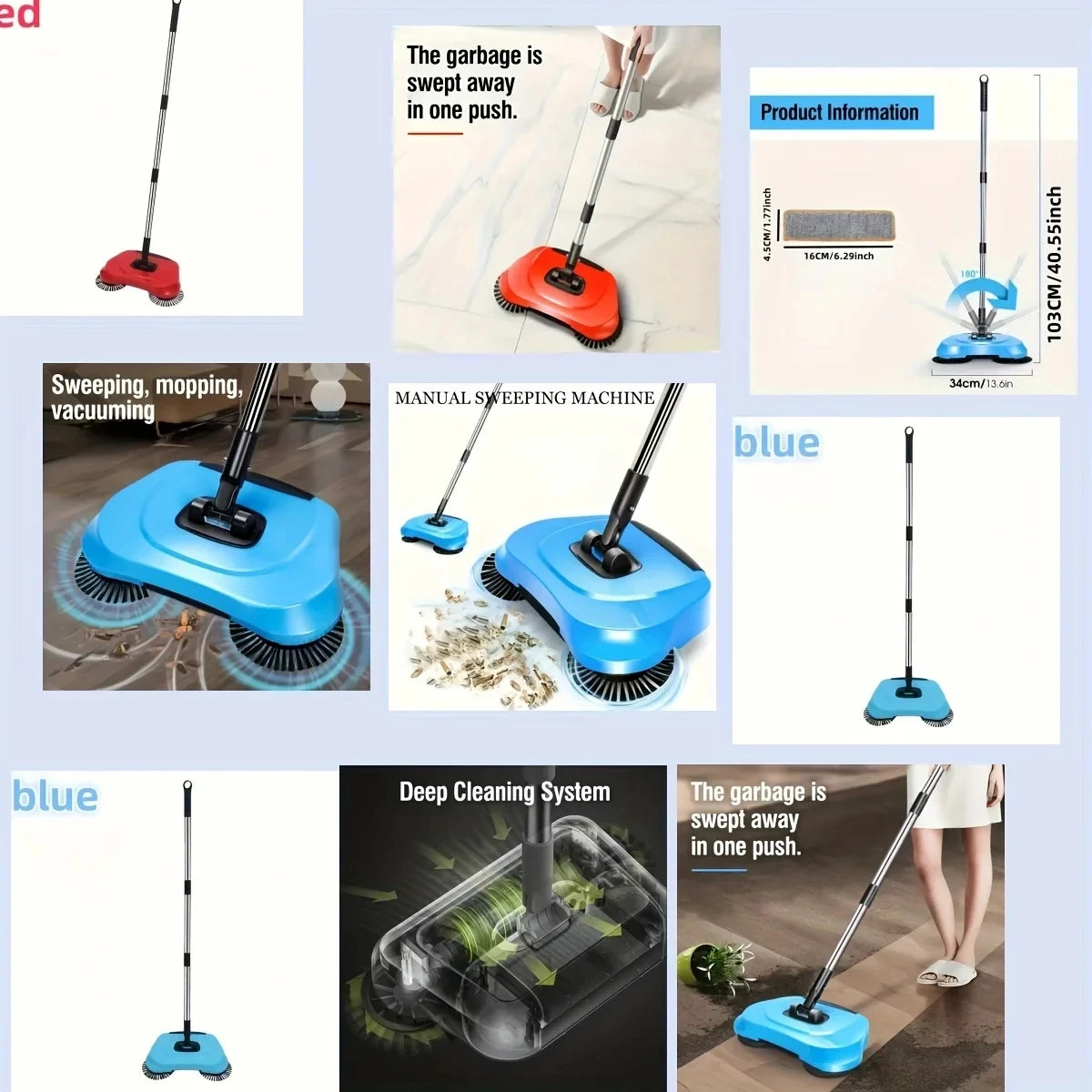 Floor Sweeper with Rotating Long Handle Push-Type Vacuum Cleaner Mop Set for Hardwood Tiles Kitchen Bedroom Office Home Cleaning