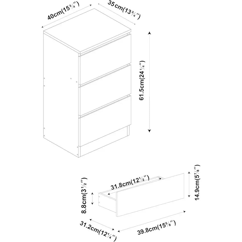 62cm Tall 3-Drawer Bedroom Storage Cabinet with Metal Glides - White (Bedroom, Living Room, Office, Hallway)