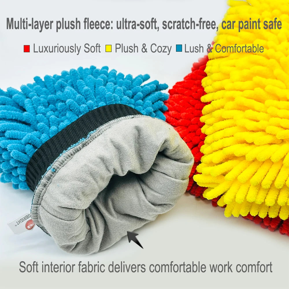 AUTOBRIGHT Oversized Double Sided Chenille Car Wash Mitt Red Blue Yellow Ultra Soft Professional Tool DIY Car Exterior Cleaning