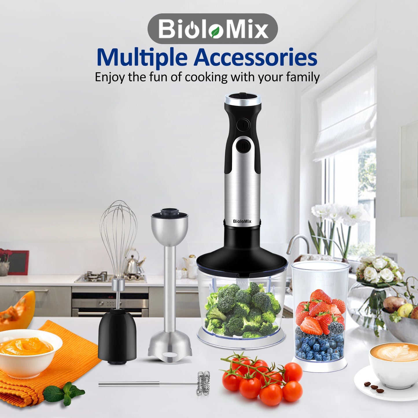 BioloMix 1200W 5-in-1 Immersion Hand Stick Blender Mixer Vegetable Meat Grinder 800ml Chopper Whisk 600ml Smoothie Cup