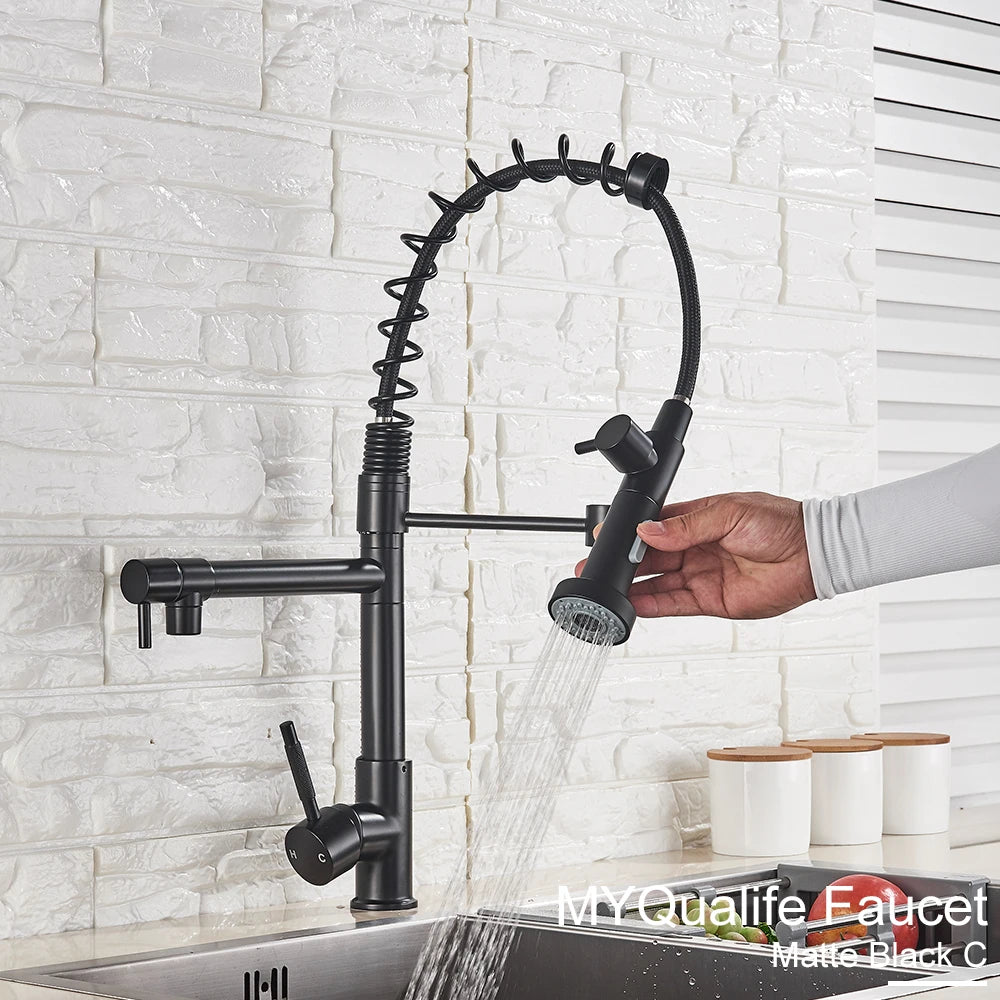 Black Pull Down Brass Kitchen Sink Faucet Hot Cold Water Mixer Crane Tap with Dual Spout 360 Rotation High Faucet Deck Mounted