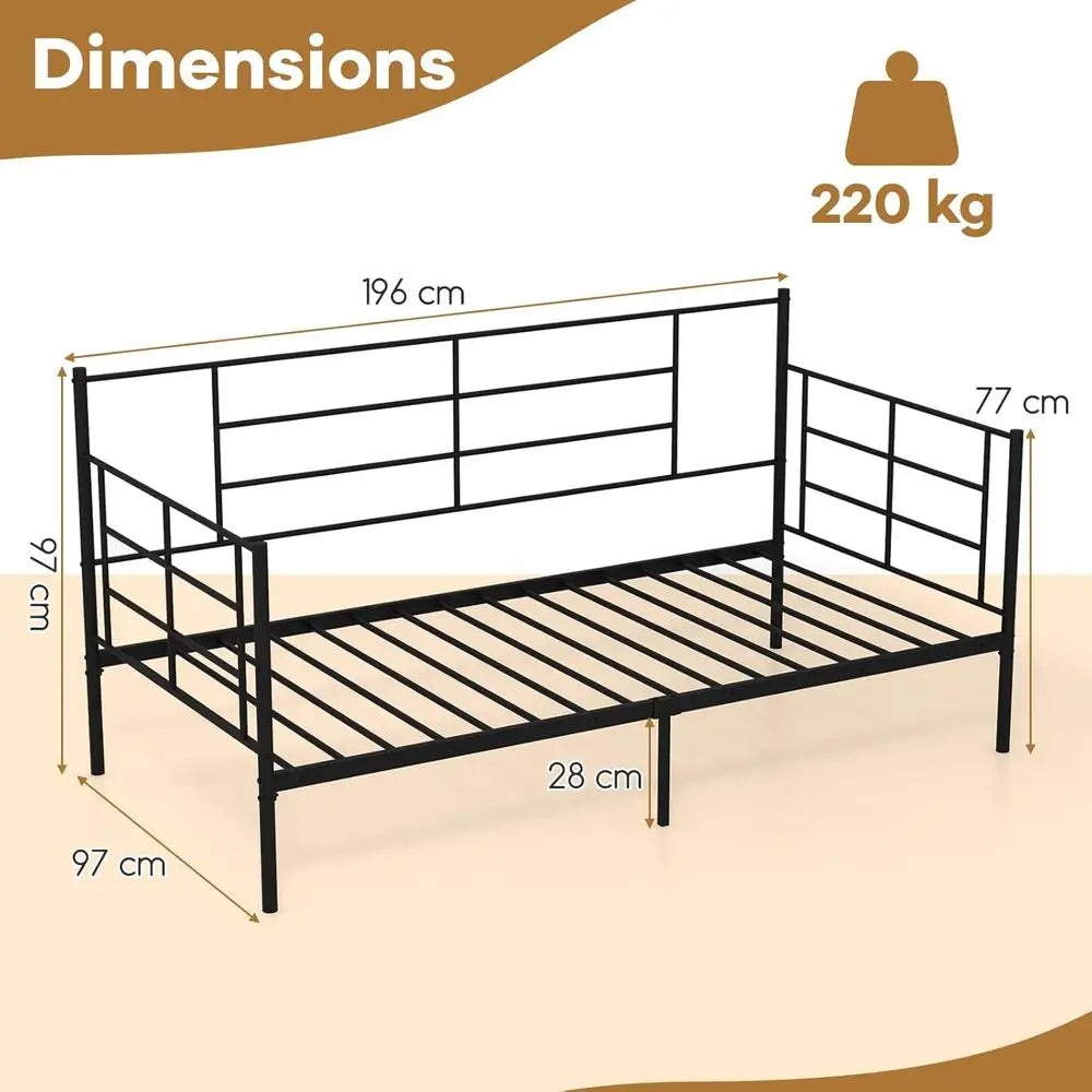 Single Day Bed with Metal Frame, 28cm Underbed Storage, Slat Support, Black Mattress Platform, 90x190cm Mattress for Living Room