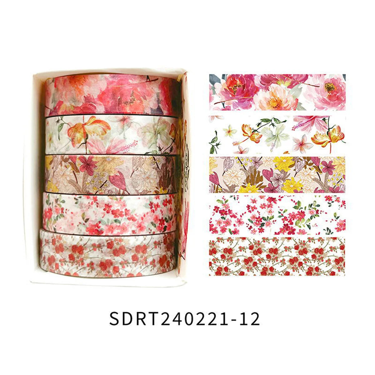5 rolls of boxed romantic flower handbook tape, cute DIY fresh decorative washi tape for students, a must-have gift for students