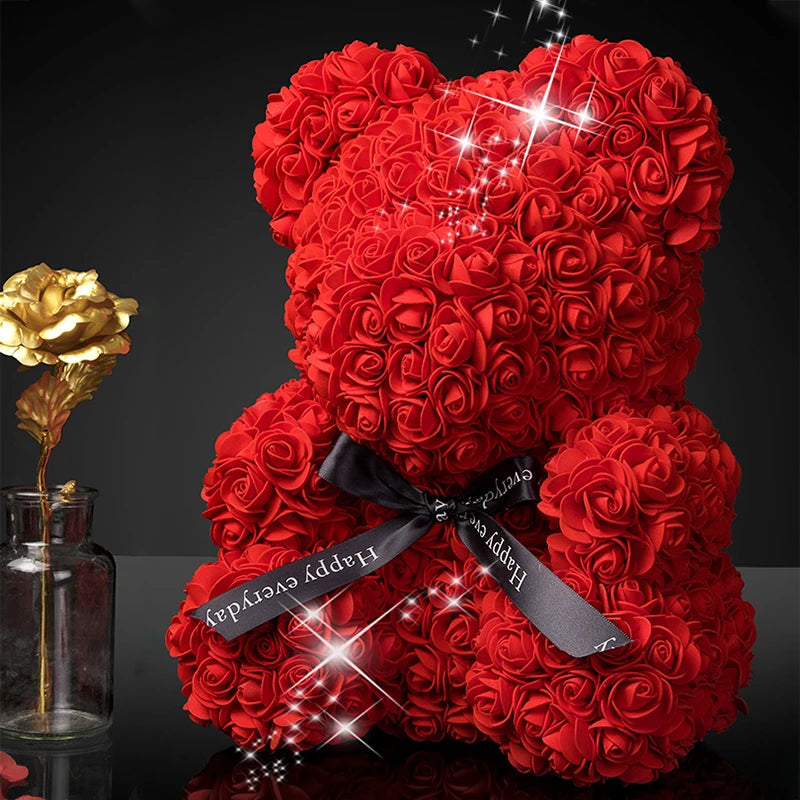 Rose Bear With Box Lights Valentine Gifts Decoration Artificial Flower Teddy Bear for Women/Girlfriend Love Flower Birthday Gift