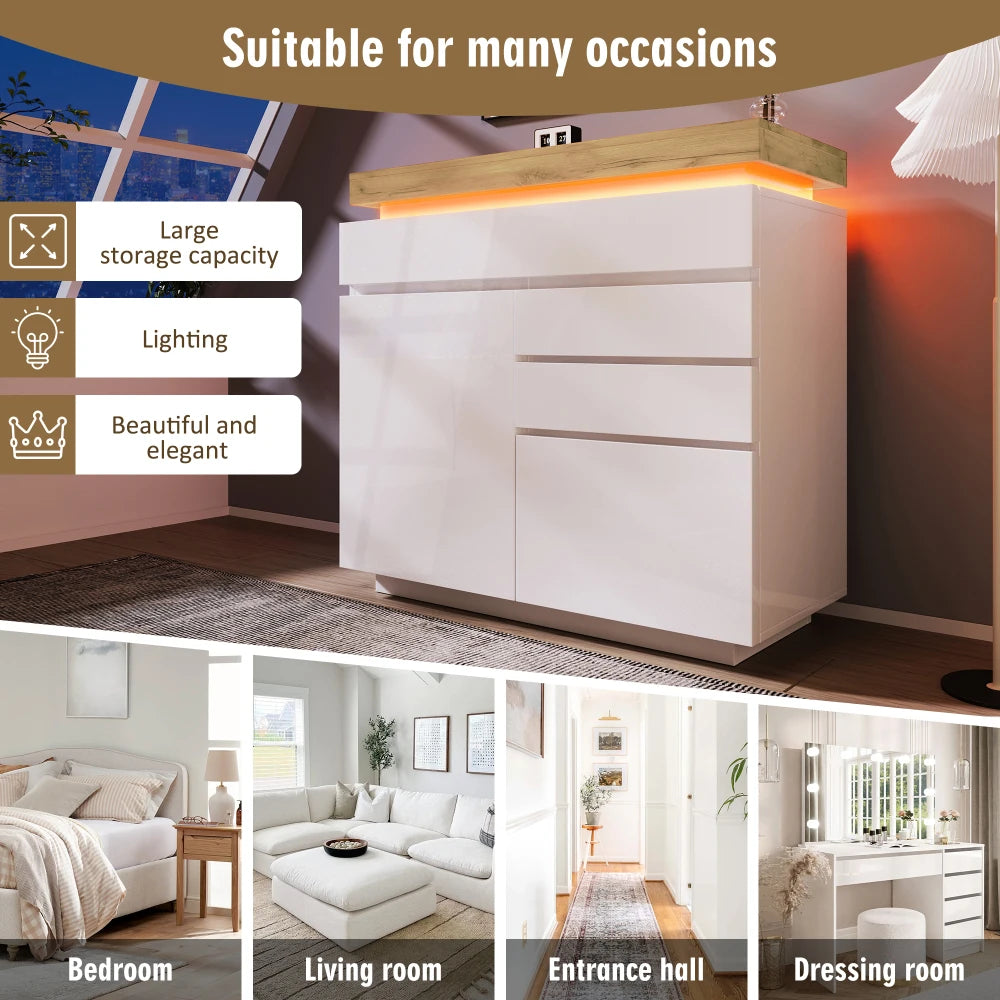 PINGGO Chest of Drawers,High-gloss Sideboard Cabinet with 2 Doors and 3 Drawers,Storage with RGB LED,115 x 110 x 39 cm, White