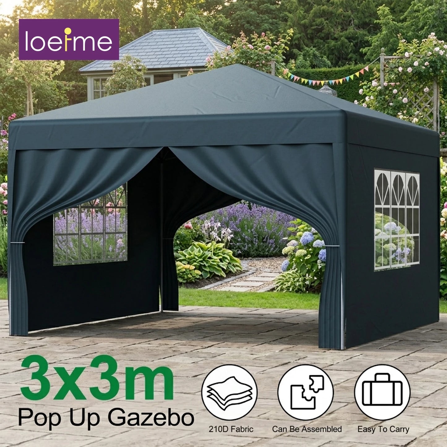 LOEFME 3x3M Pop Up Gazebo Waterproof Windproof Portable Outdoor Canopy Sun Shelter Removable 4 Sides Cloths Garden Camping Tent