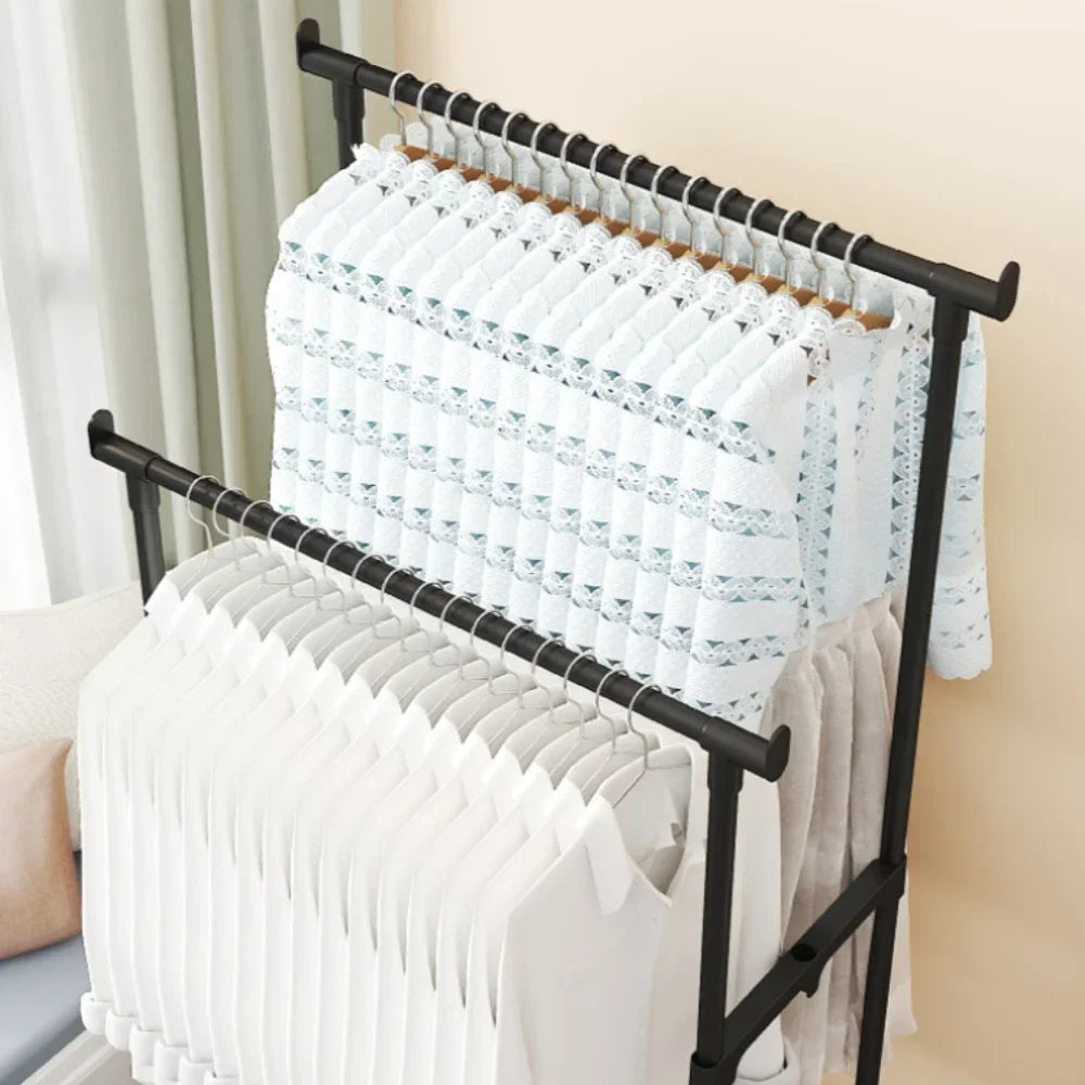 Standing Clothes Hanger Movable Simple Clothing Shelf Bedroom Storage Rack Assembled Closet Organizer Double Rod Coat Rack Floor