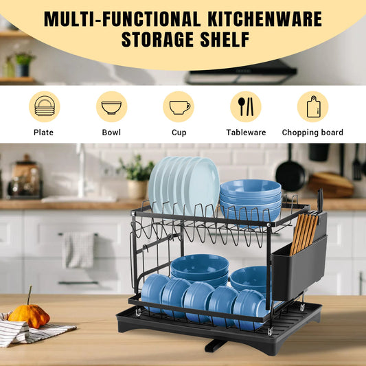 2 Tier Dishes drainer rack, kitchen Metal dishes drain rack with Drainboard, tableware tray drainer storage rack, kitchen organizer, 44x31x30cm, black