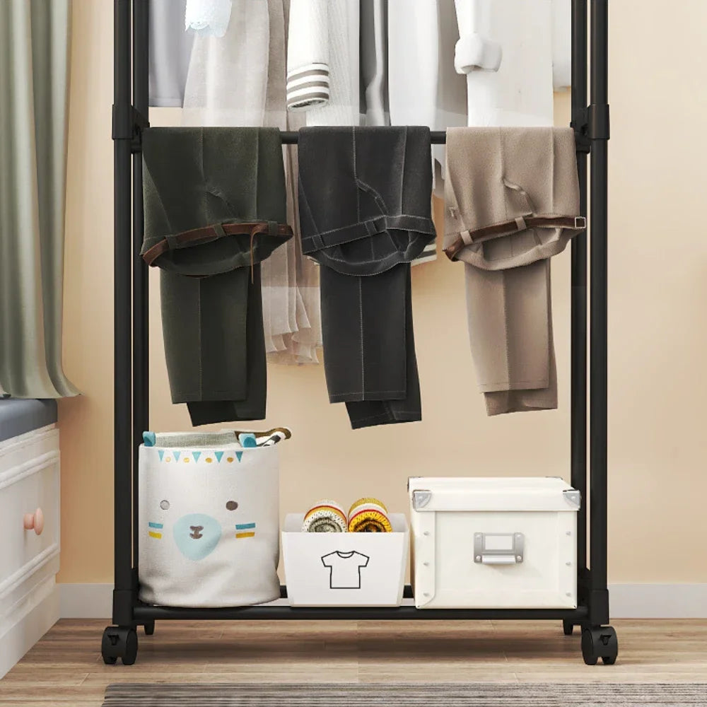 Standing Clothes Hanger Movable Simple Clothing Shelf Bedroom Storage Rack Assembled Closet Organizer Double Rod Coat Rack Floor