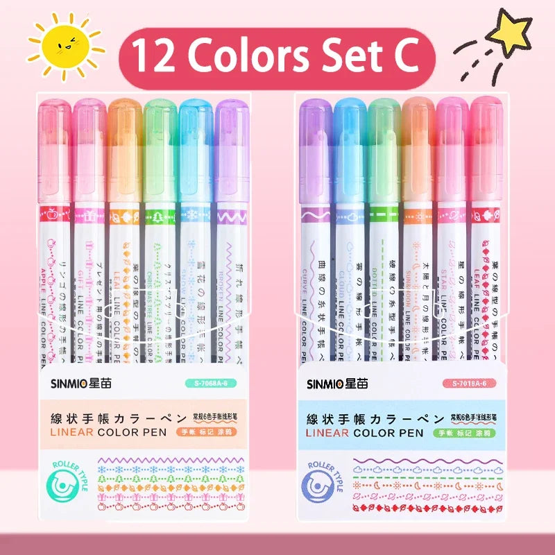 24/3 PCS Kawaii Flowers Line Shaped Highlighter Pens Roller Tip Curve Liner Marker for Writing Journaling Drawing Stationery