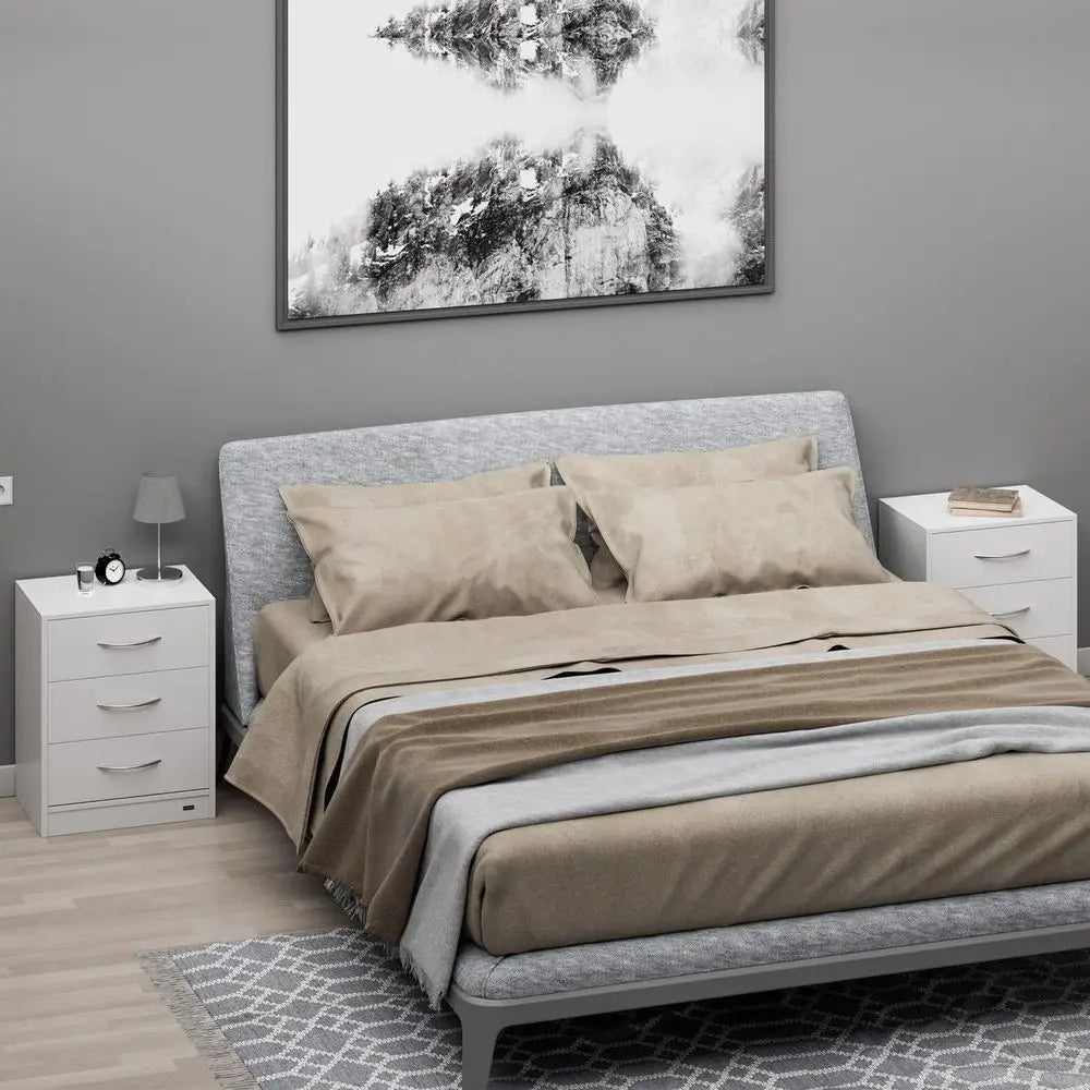 Compact White 3-Drawer Nightstand with Cable Management and Anti-Tip Safety for Bedroom Storage