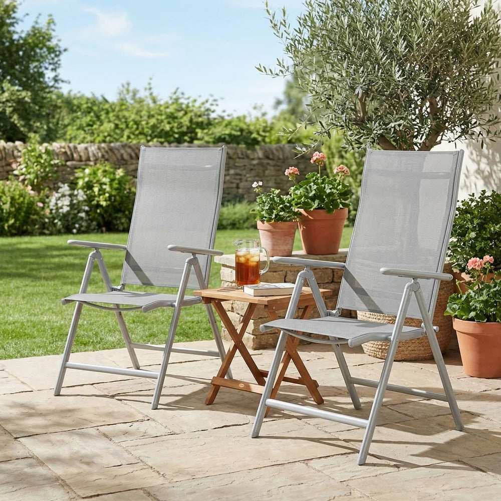 SONGMICS Set of 2 Folding Garden Chairs, Outdoor Chairs with Metal Frame, 8-Angle Reclining Backrest, Max. Capacity 150 kg per Chair