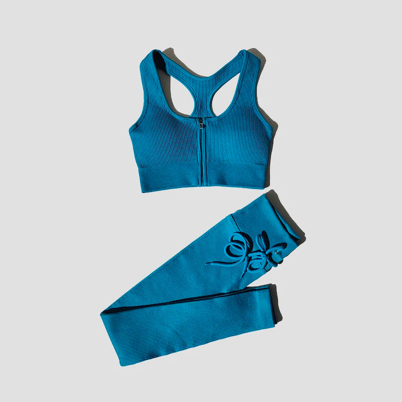 Seamless Women Yoga Set Workout Sportswear Gym Clothing Zipper Long Sleeve High Waist Leggings Fitness Bra Athletic Sports Suits