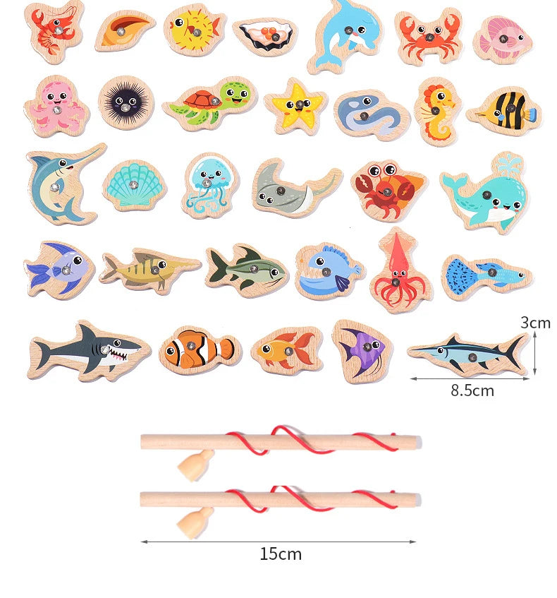 Wooden Magnetic Fishing Toys for Children Marine Life Cognition Fish Games Baby Early Educational Parent-child Interactive Toy