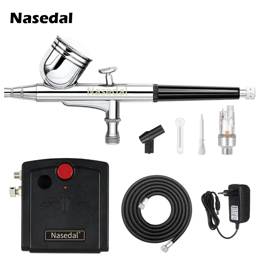 Nasedal NT-19 Dual-Action Airbrush Compressor Kit 0.3mm Airbrush Spray Gun for Nail Airbrush Model Cake Car Fish Shoes Painting