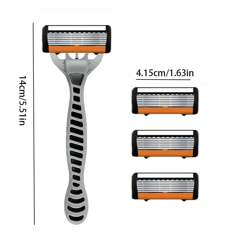 Men's manual razor safety razor 6-layer stainless steel hair removal knife, replaceable razor head, razor tools.