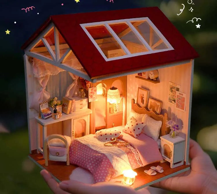 DIY Doll House Wooden Miniature Kit with Furniture Set Handmade Model Assembly Toy Case for Birthday Gifts
