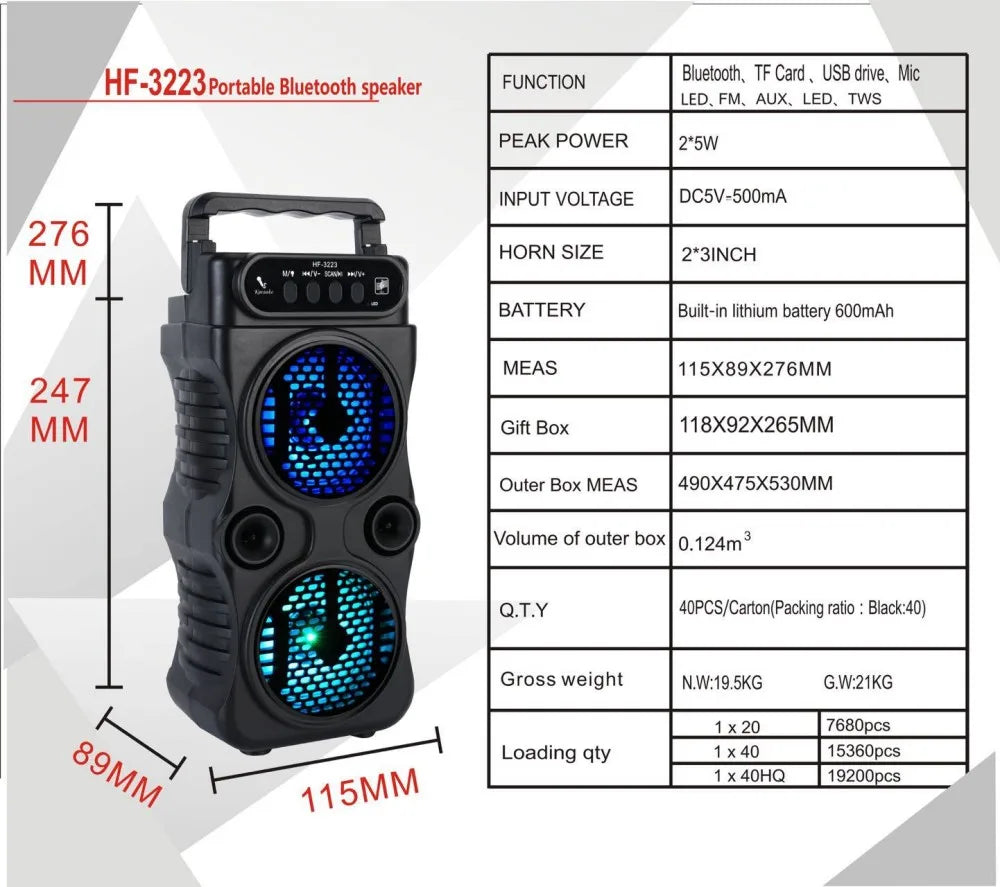 Portable Outdoor Wireless Speaker Dual 3-inch Stereo Subwoofers Bass Boost FM Radio TF/USB Card For Proms Home Karaoke