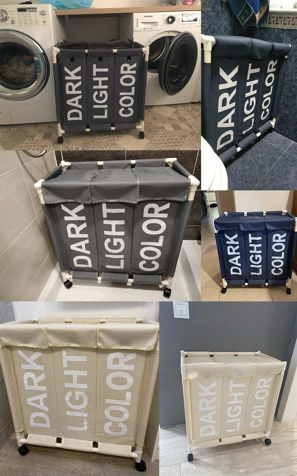 Rolling Laundry Basket Organizer 3 Grid Large Laundry Hamper Bin Waterproof Laundry Bags For Dirty Clothes Storage Box On Wheels