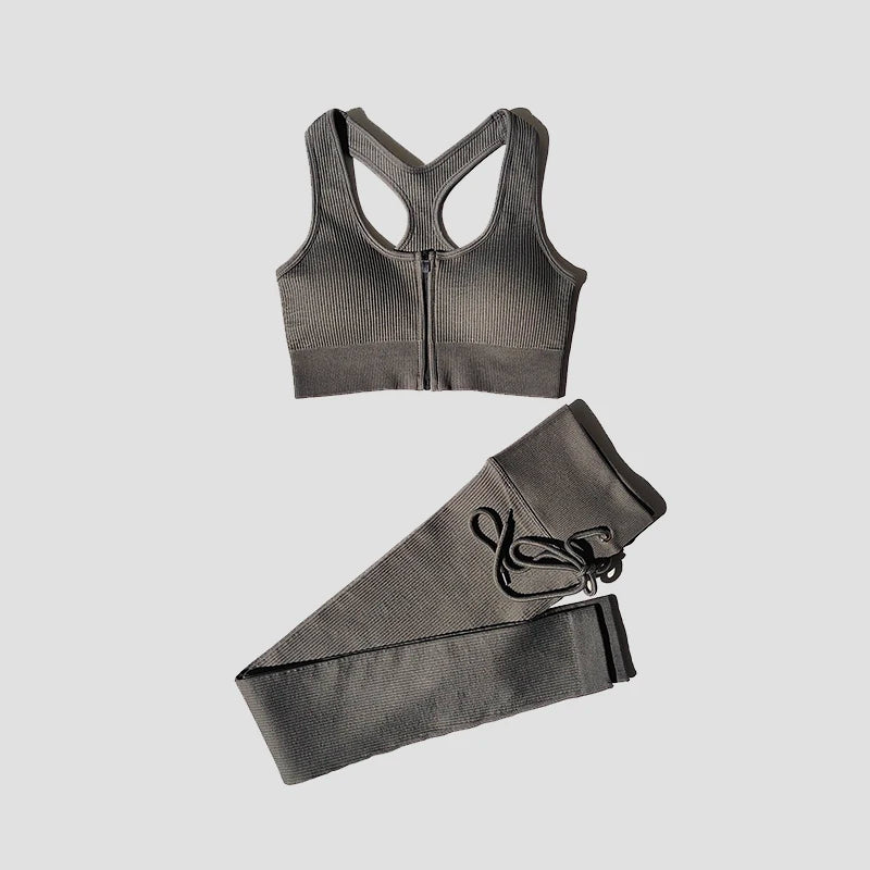 Seamless Women Yoga Set Workout Sportswear Gym Clothing Zipper Long Sleeve High Waist Leggings Fitness Bra Athletic Sports Suits