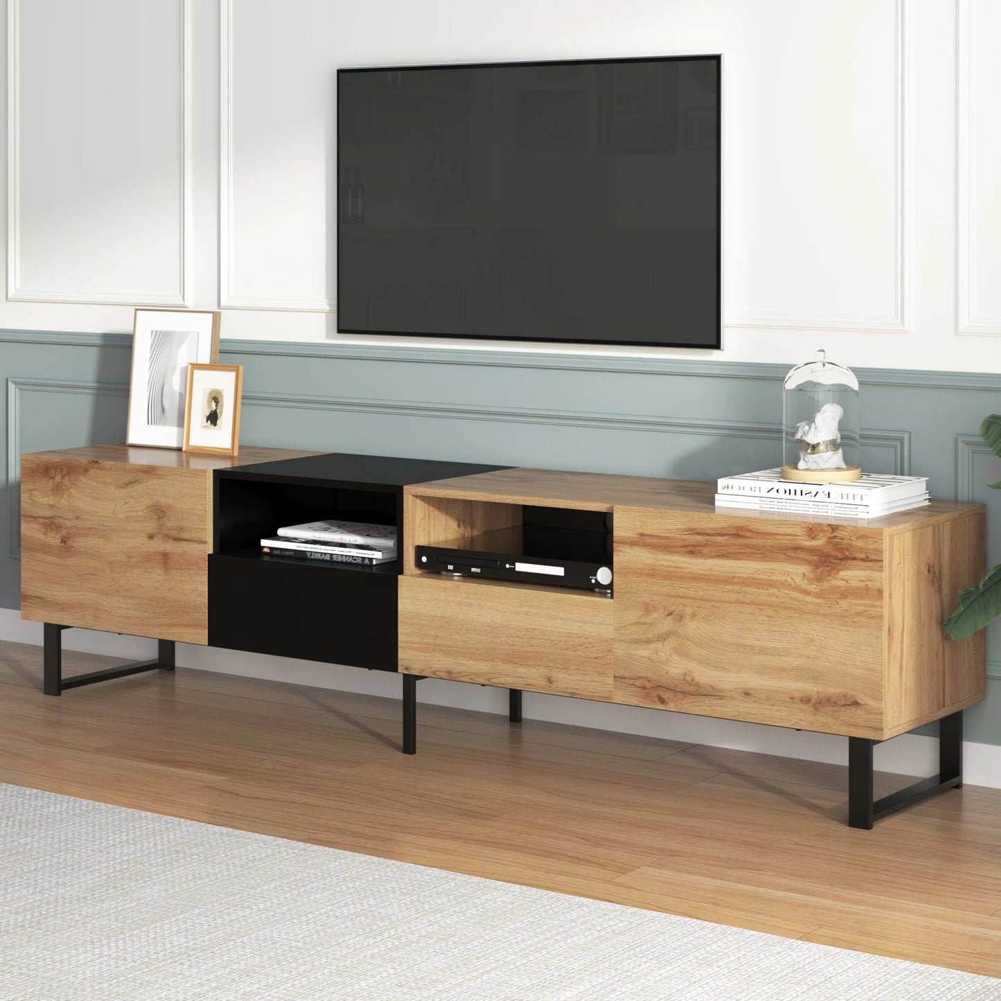 PINGGO Modern Minimalist TV Cabinet Large Capacity Storage Cabinet With Doors And Drawers Wood Grain Design TV Media Console