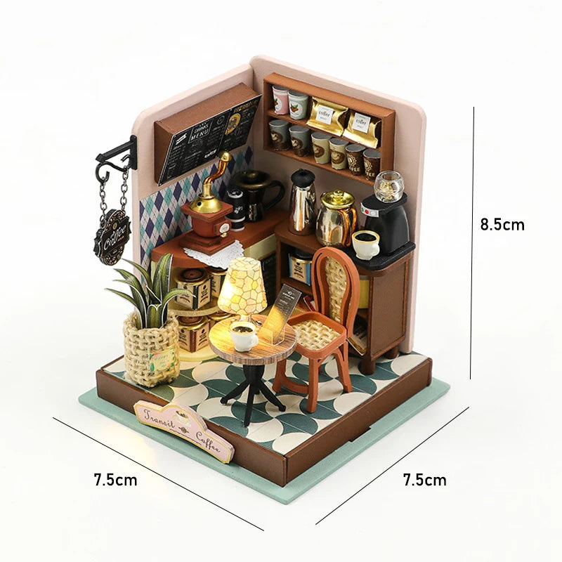 3D Puzzles Wooden Coffee Shop Mini Dollhouse Kit DIY Handmade Assembly Building Dollhouses Toys For Kids Birthday Gifts