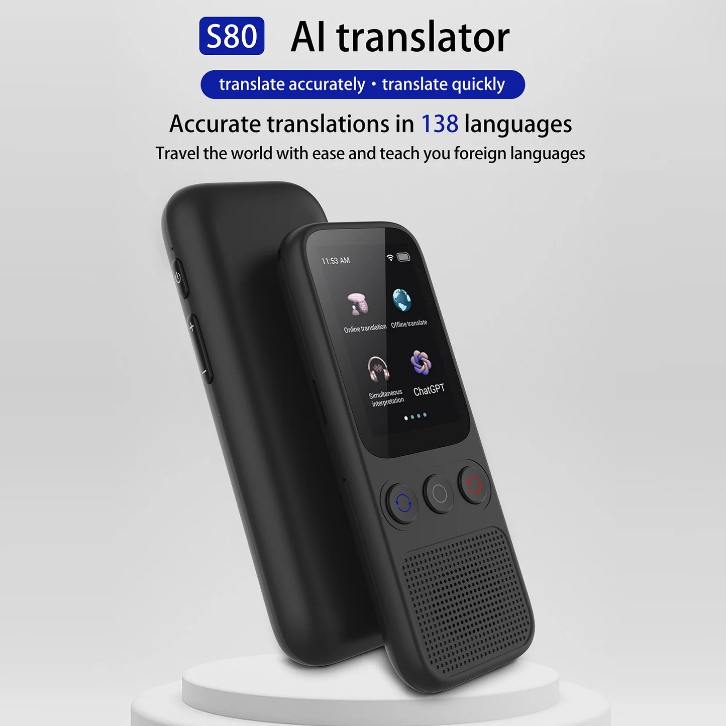 S80 Language AI Translator Device with 138 Languages Voice Translating 17 Offline Translation Simultaneous Interpretation