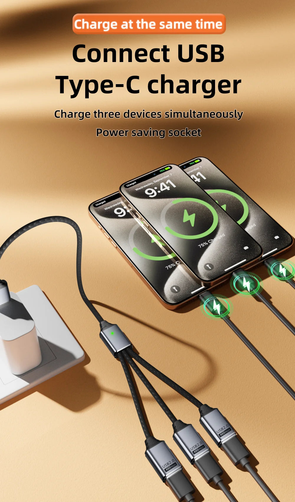 3 in 1 USB A & Type C Splitter HUB Expansion Cable Multi Port Expander OTG Adapter Fast Charging Data Sync for Phone Tablet