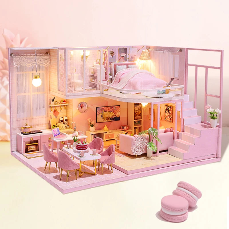 DIY Wooden Doll House Handmade Duplex Apartment Production 3D Puzzle Assembly Building Duplex Apartment Model Toy Children Gifts