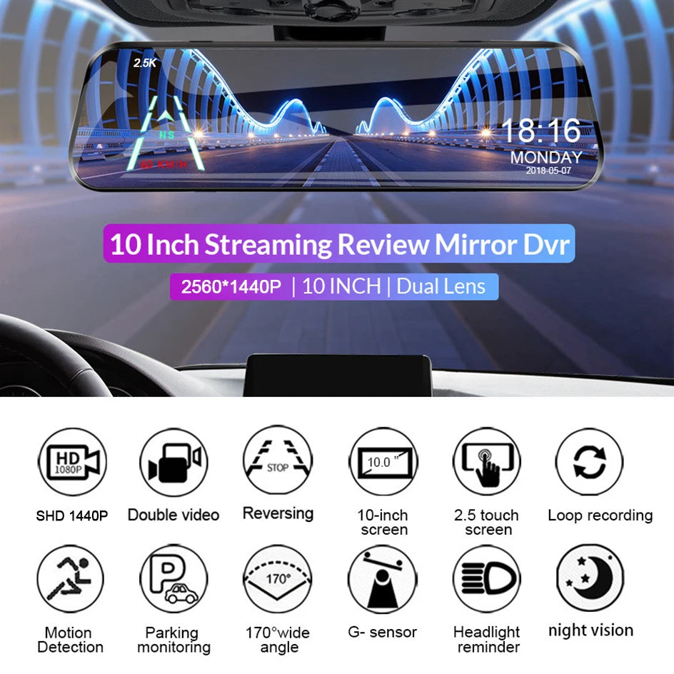 E-ACE 2.5K Mirror Camera For Car Touch Screen Video Recorder Rearview Mirror Dashcam 1440P GPS Wifi 24H Parking DVR Black Box