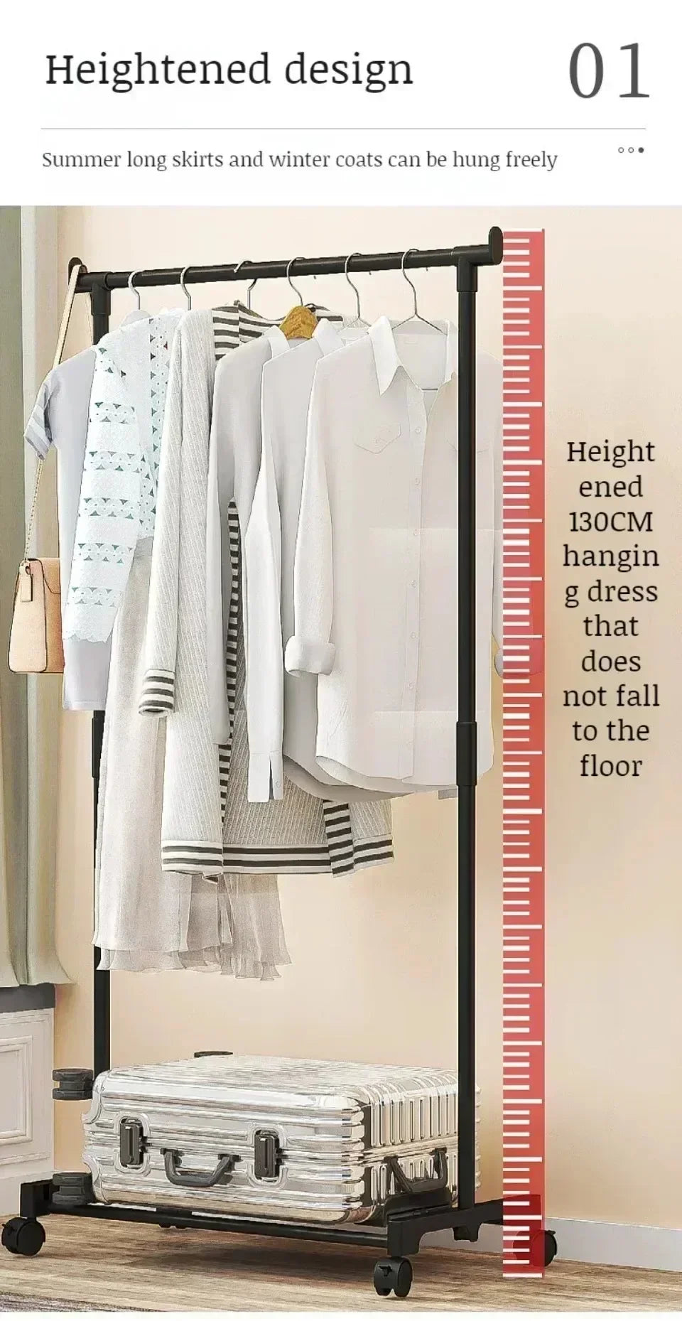 Standing Clothes Hanger Movable Simple Clothing Shelf Bedroom Storage Rack Assembled Closet Organizer Double Rod Coat Rack Floor