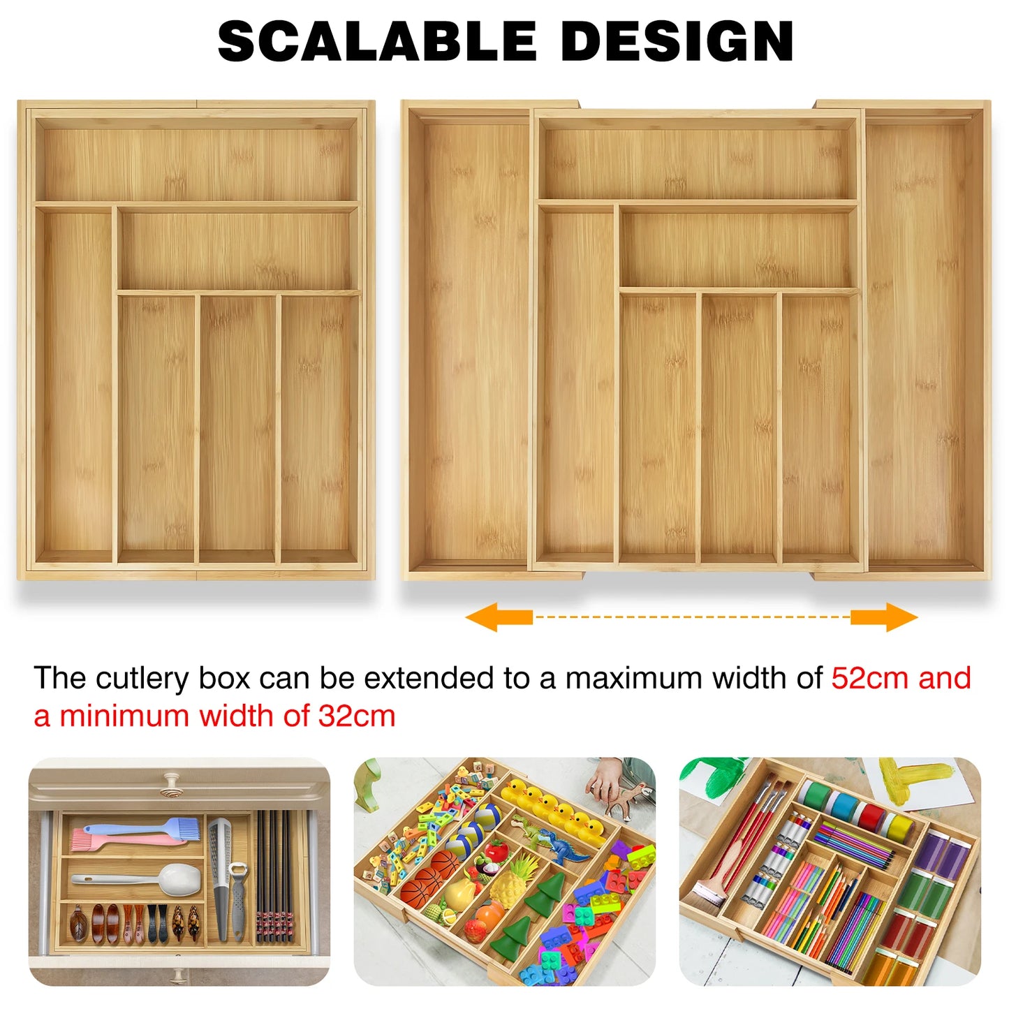 Wooden Bamboo Cutlery Tray,Kitchen Drawer Insert Large 6-8 Compartments, Utensil Holder Rack Organizer,for Home Office
