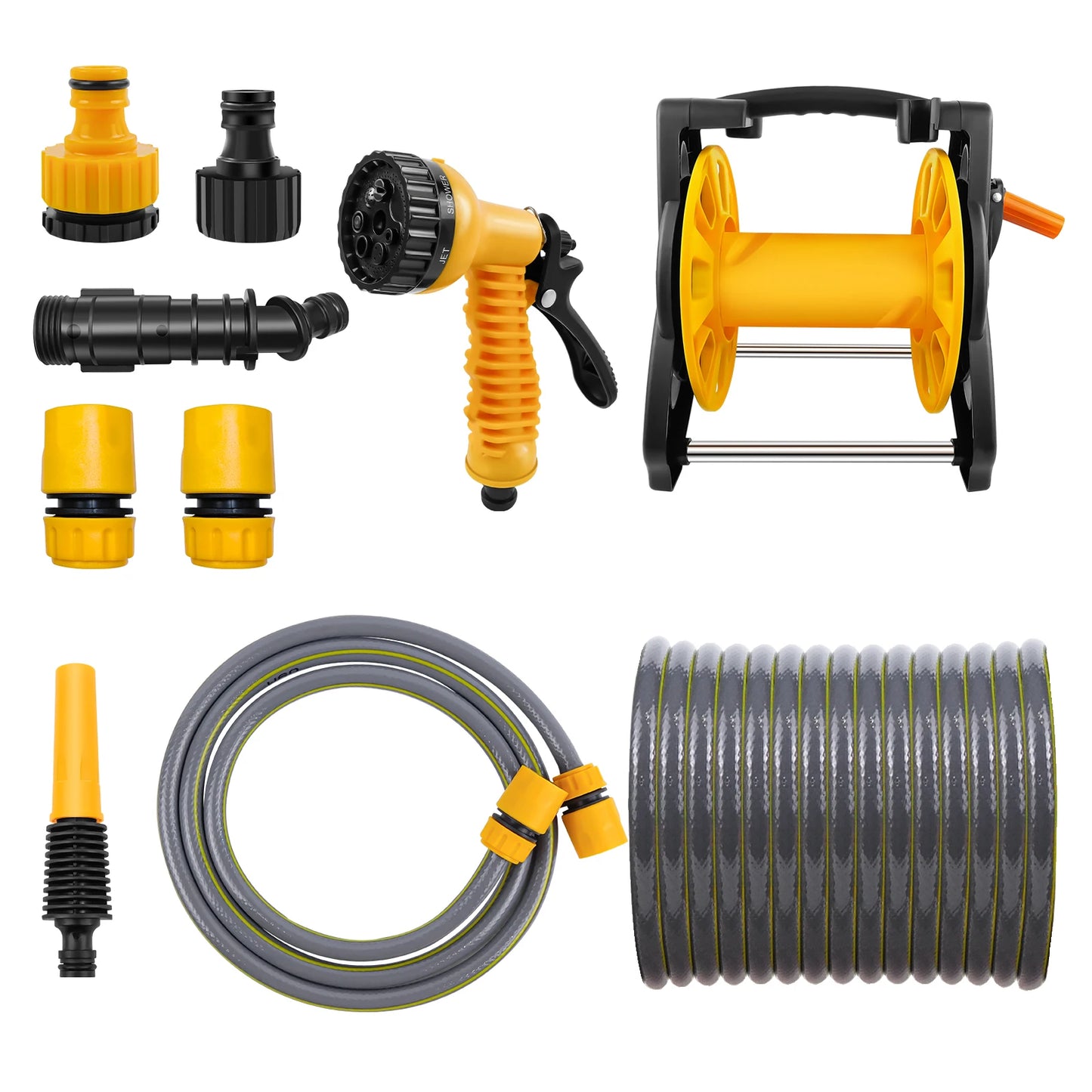 Garden Hose Reel with 15M/25M/30M Water Hose and 7-Function Spray Nozzle, Heavy Duty Portable Hose Reel, Wall Mountable/Portable,Save Space, Multi-Purpose Hosepipe for Watering Garden, Flowers, Cars