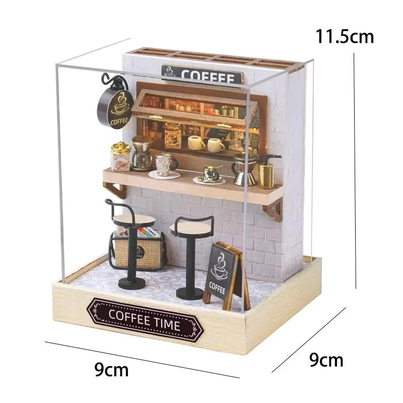 3D Puzzles Wooden Coffee Shop Mini Dollhouse Kit DIY Handmade Assembly Building Dollhouses Toys For Kids Birthday Gifts