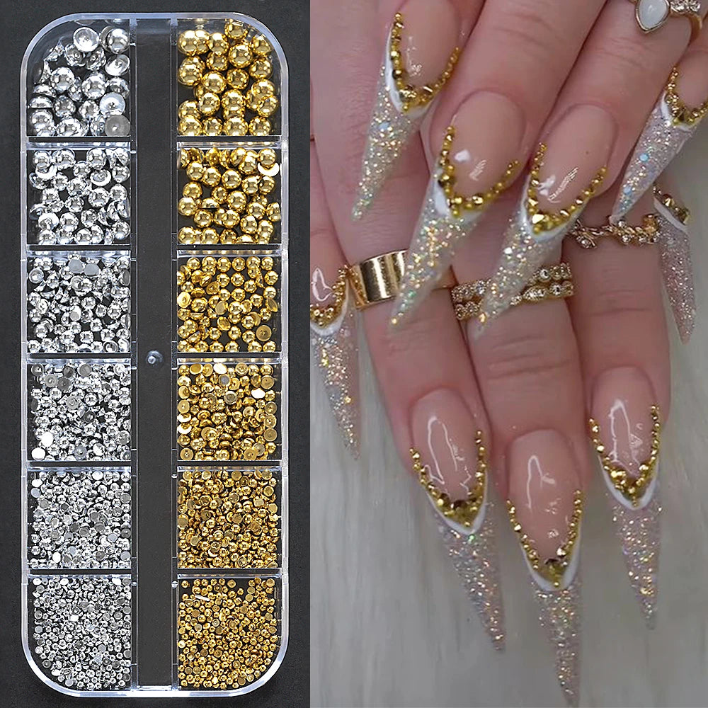 12Grid Shiny Silver Half Round Metal Caviar Bead Nail Rivets Charms 2/3/4/5/6/8mm Flatback Pearl Balls Nail Art Studs Y2k Decora