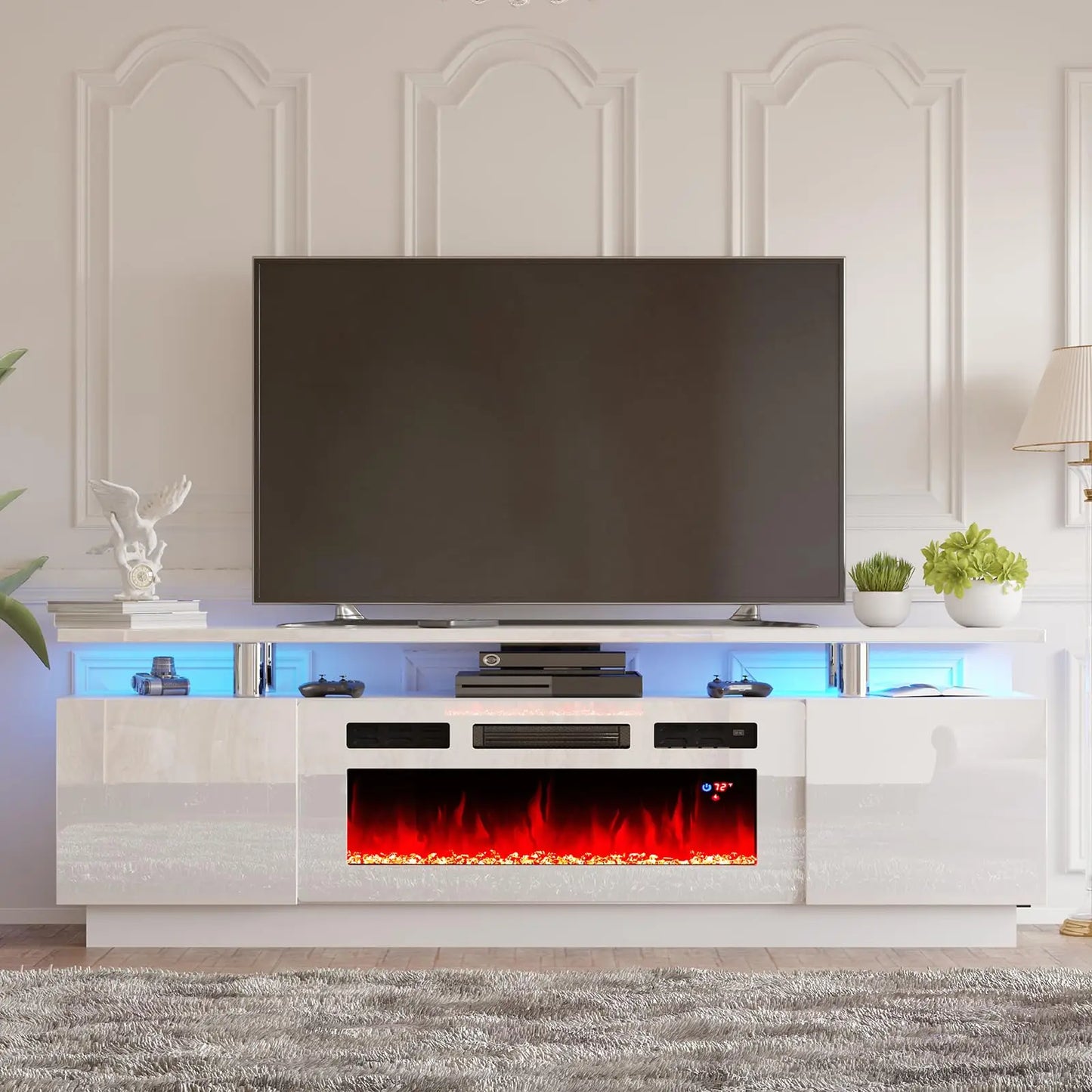 Floating Fireplace Tv Stand Modern High Gloss 72" Entertainment Center Wall Mounted Electric Fireplace Tv Media Console