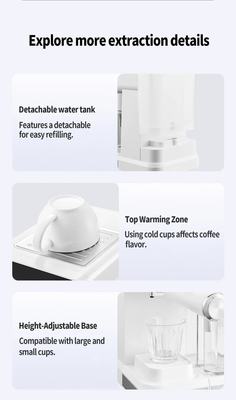 Multifunctional fancy coffee machine,Automatic milk frothing and cleaning functions,Cold/Hot Extraction ,Intelligent color scree