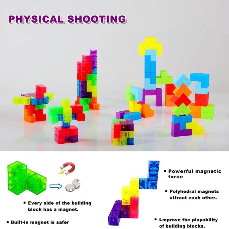 Magnetic Building Blocks 3D Puzzle Cubes Multi Shapes Magnetics Blocks with 54 Guide Cards Educational Stress Relief Fidget Toys