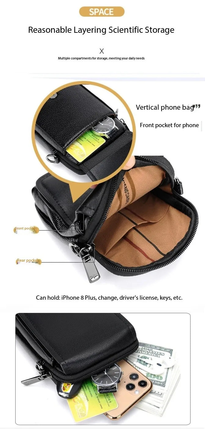Leather Fashion Phone Pouch Belt Bag Shoulder Crossbody Waist Pack Vintage Outdoor Multi-function Mens Leisure Hanging Waist Bag
