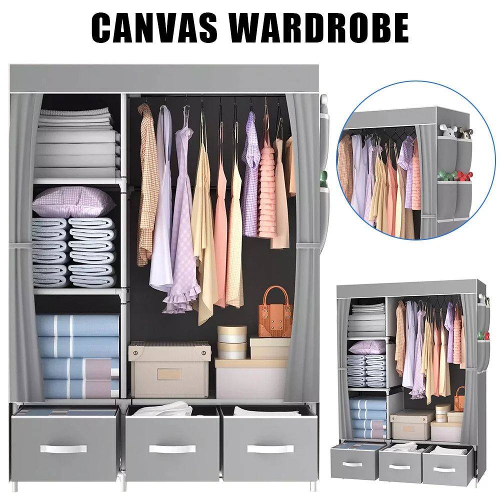 Canvas Wardrobe Clothes Closet Organizer Portable Storage Cupboard for Bedroom 105*45*163cm Fabric Closet