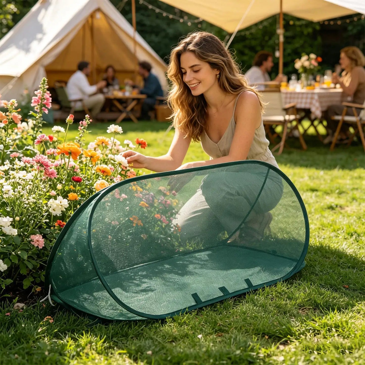 Foldable Plant Protection Netting Pop-Up Netting Garden Row Covers with 6Pcs Ground Stakes Mesh Plant Cage for Yard Flower Beds