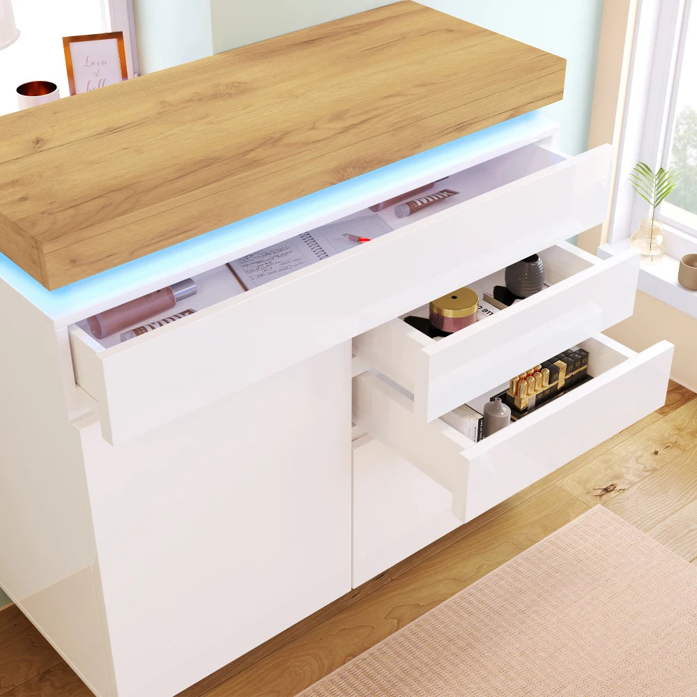 PINGGO Chest of Drawers,High-gloss Sideboard Cabinet with 2 Doors and 3 Drawers,Storage with RGB LED,115 x 110 x 39 cm, White