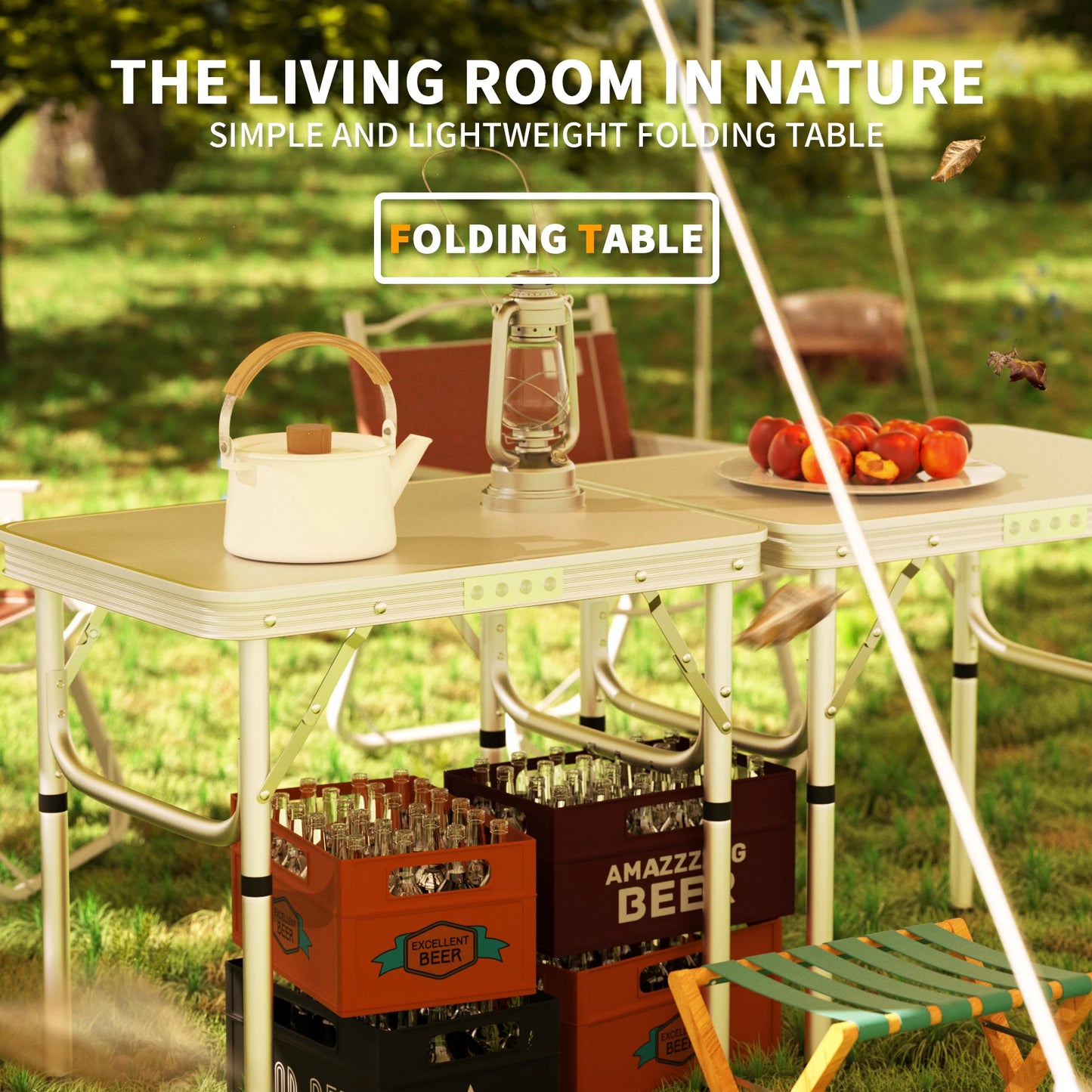Folding Table 2FT, Portable Adjustable Height Camping Table, For Indoor Outdoor Garden Picnic Dinning BBQ, 60x 45x26/56cm, White