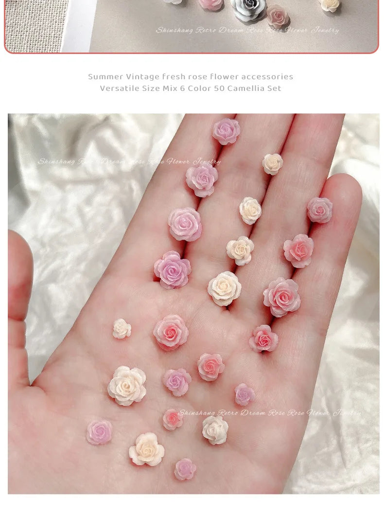 50PCS 3D Mix Sizes Beautiful Blossoming Rose Flowers Resin Adhesive Nail Art Rhinestones Decorations Manicure Kawaii Charms