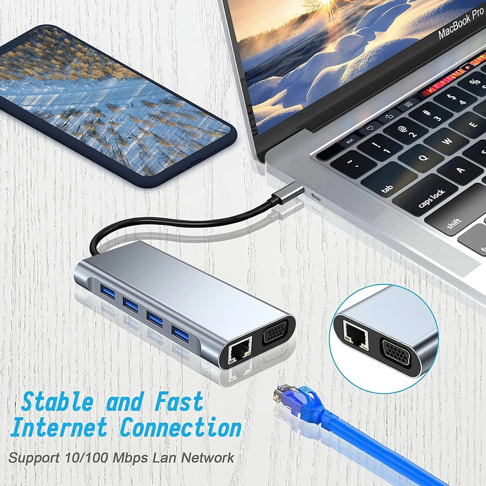 11-in-1 USB C Hub Multiport Adapter USB C Docking Station with 4K HDMI-compatible,VGA 1080P,100W PD, Ethernet,SD/TF,Audio,USB-A