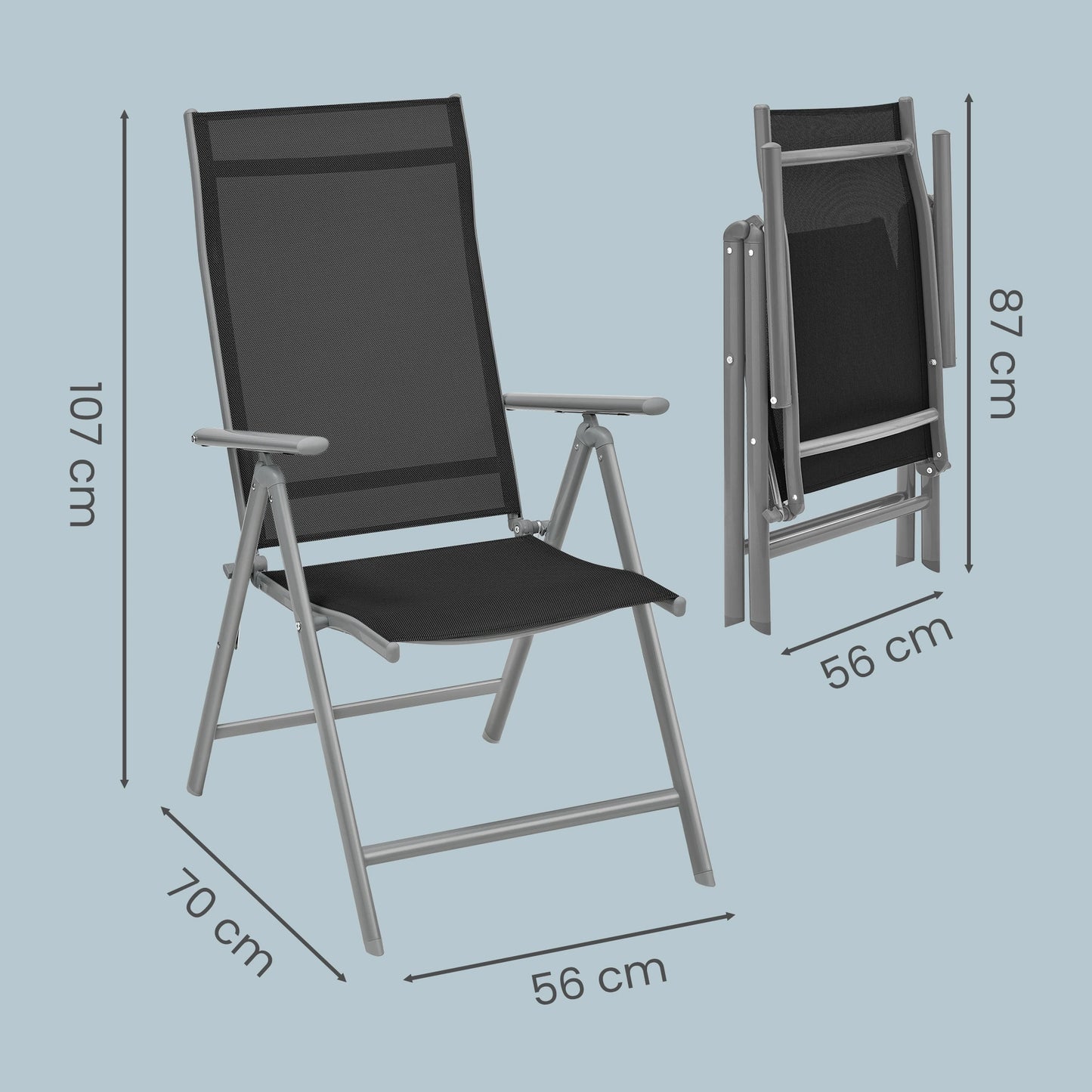 SONGMICS Set of 2 Folding Garden Chairs, Outdoor Chairs with Metal Frame, 8-Angle Reclining Backrest, Max. Capacity 150 kg per Chair