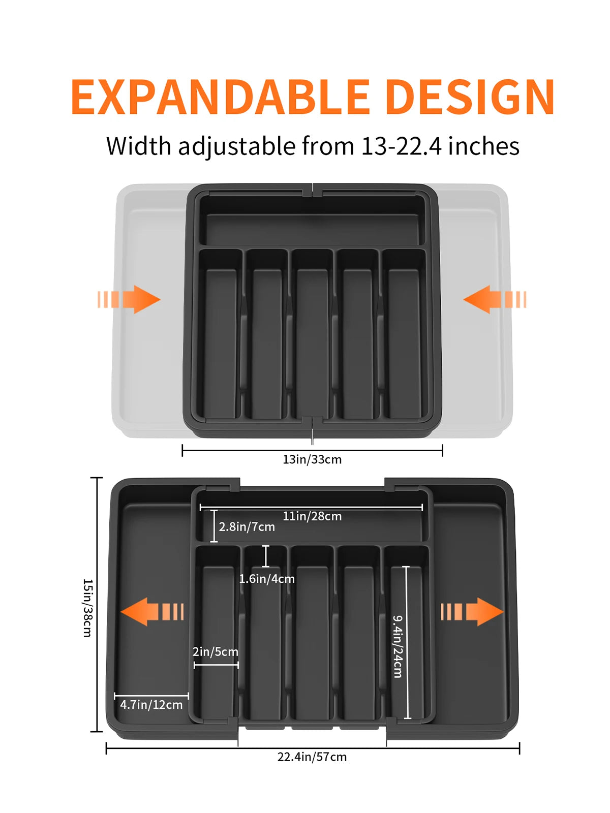 Cutlery Drawer Organiser, 33-57CM Expandable Utensil Tray for Kitchen with 8 Compartment Holders,for Spoons Forks Knives